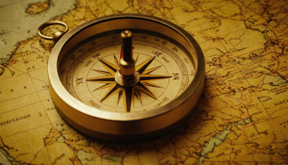 Fototapeta na wymiar Ancient compass on an antique world map