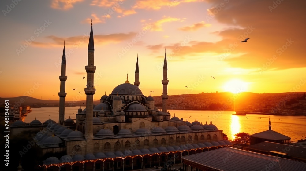 Poster A scenic view of the setting sun behind a tall building. Suitable for travel or urban concepts