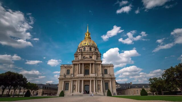 PARIS, FRANCE - FEBRUARY 20, 2024: Obverse view of Les Invalides timelapse hyperlapse (The National Residence of the Invalids). Complex of museums and monuments in Paris.