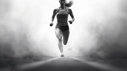A woman running on a foggy road, suitable for fitness or motivation concepts