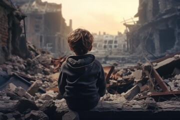Fototapeta premium A little boy sitting on a pile of rubble. Suitable for disaster relief or construction themes