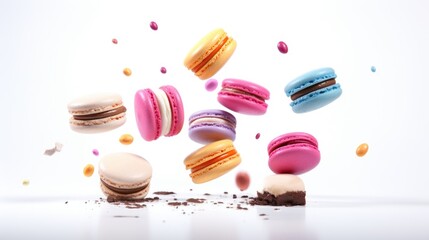 Colorful macarons flying in the air, perfect for food and dessert concepts