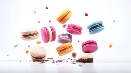 Keuken spatwand met foto Colorful macarons flying in the air, perfect for food and dessert concepts © Fotograf