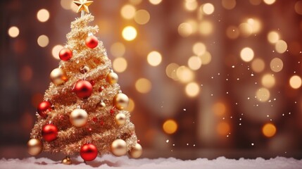 Vibrant Christmas tree with traditional red and gold ornaments. Perfect for holiday designs