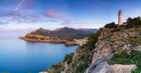 view of the Cap Gros Lighthouse in northern Mallorca at sunset