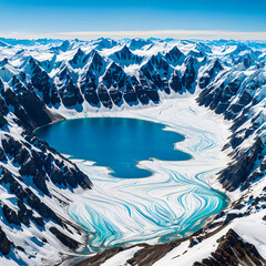 symmetric aerial view of the vivid blue and teal hues in a glacier lake surrounded by snowcapped