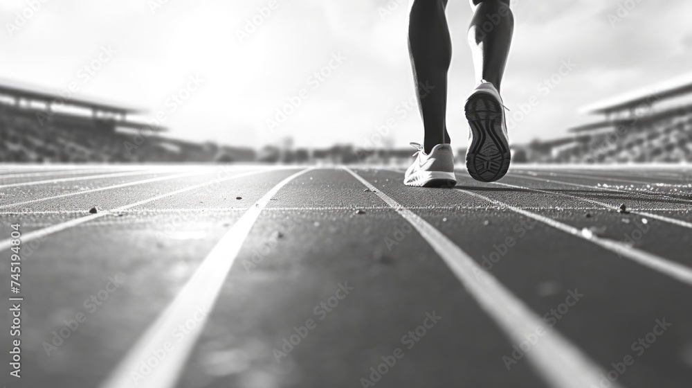 Poster a person running on a track in a stadium. suitable for sports and fitness concepts