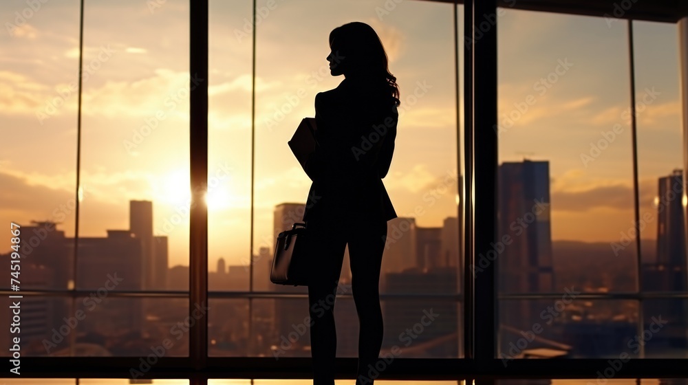 Poster a silhouette of a woman standing in front of a window. suitable for various design projects