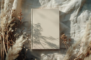 White blank book mockup with plant shadows on a satin fabric background. Soft light composition for invitation design