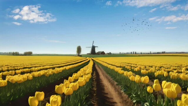 tulip field and windmill under a clear blue sky. The horizon is dotted with windmills and farmhouses.