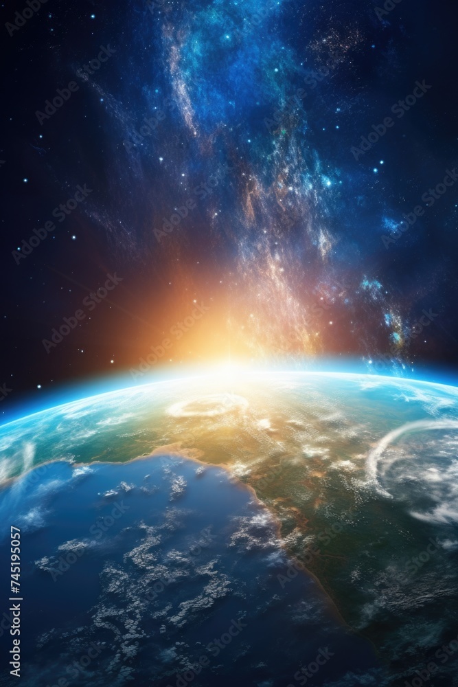 Poster a breathtaking view of the earth from space with the sun rising. perfect for science or nature proje