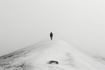 Solitary figure on a snowy ridge. Minimalist black and white photography for contemplative wall...