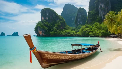 Photo sur Plexiglas Railay Beach, Krabi, Thaïlande Tropical Paradise Beach with Traditional Boat