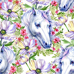 White horses with flowers watercolor pattern seamless background