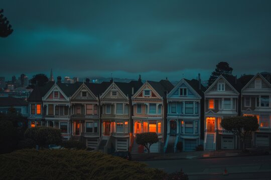 Twilight Ambiance at the Iconic Painted Ladies Facing San Francisco Skyline