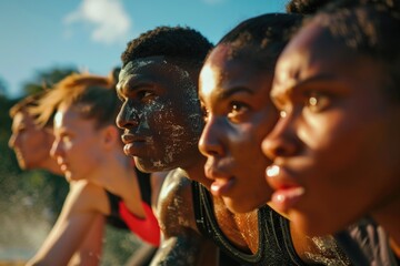 A group of fitness enthusiasts, with mud smeared on their faces, are participating in a bootcamp challenge. They are pushing themselves to the limit to overcome obstacles - obrazy, fototapety, plakaty