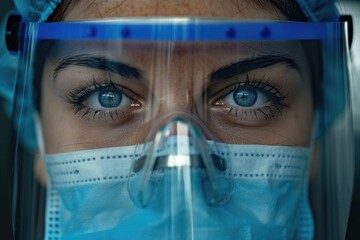 A woman, donning a protective mask and goggles, embodies the courage and resilience of frontline healers on duty