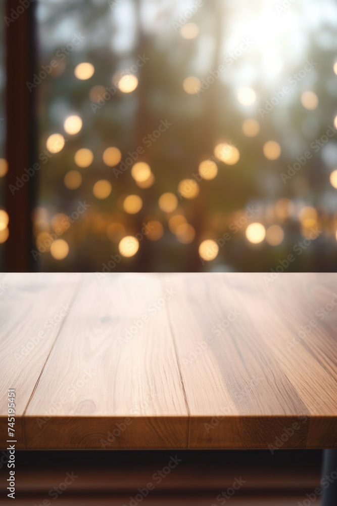 Aufkleber a wooden table with blurred lights in the background. suitable for various design projects