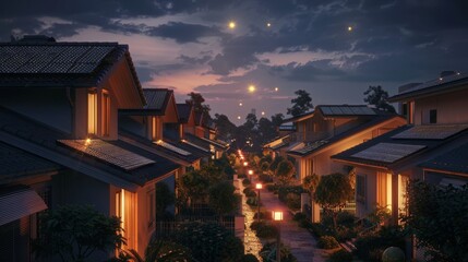 Suburban Houses with Solar Panels on Rooftops at Night - obrazy, fototapety, plakaty