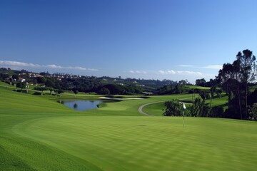 Obraz premium A stunning view showcases lush green fairways, meandering bunkers, and tranquil water hazards at Serenity Golf Course. Golfers can be seen enjoying a leisurely round under the clear blue sky