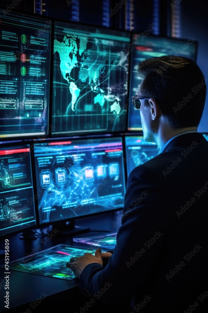 Poster A man sitting at a desk in front of multiple monitors. Perfect for illustrating modern office work