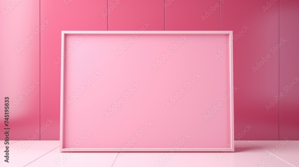 Poster a picture frame placed on a white floor in front of a pink wall. ideal for interior design concepts