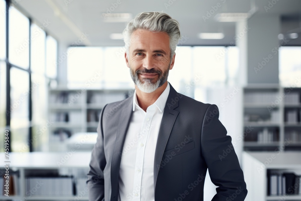 Poster a man in a suit standing in an office. suitable for business concepts