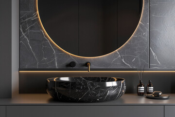 Black bathroom interior design, black marble washbasin sink in modern luxury washroom.
