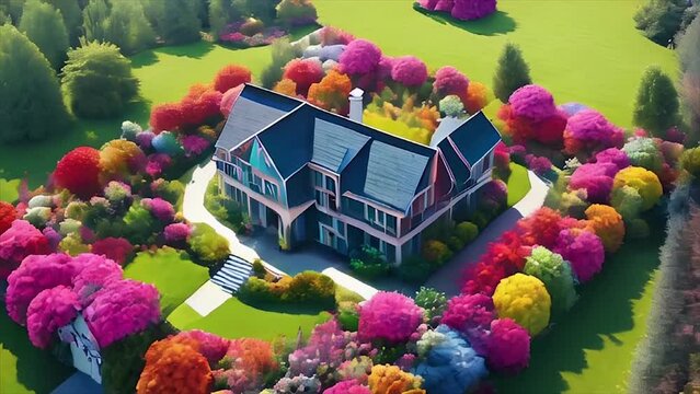 3d animation of Aerial drone the house is in the middle of the forest and is surrounded by colorful flowers in spring. Suitable for kids animated film.
