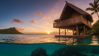 Tropical overwater bungalow at sunset