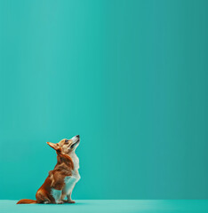 A corgi dog sits sideways and looks up on an isolated blue-green background with empty space