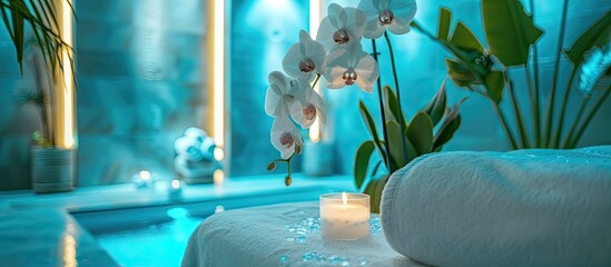 A luxurious bathroom featuring a spacious bathtub filled with water, accompanied by a beautiful flower arrangement including an orchid. The blue backdrop adds a touch of elegance to the spa-like