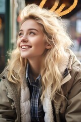Obraz premium A woman with long blonde hair sitting in front of a window. Suitable for various lifestyle or relaxation concepts
