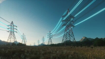 Power Transmission Lines. Clean Ecological Environment. High voltage steel power pylons in field. Transmission of electricity through high-voltage wires - Powered by Adobe