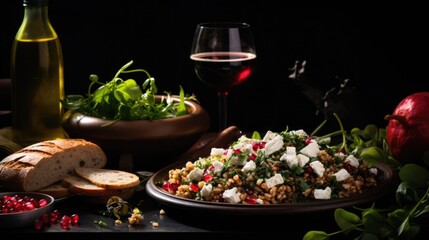 A table with a plate of food and a glass of wine. Suitable for restaurant menus or food and beverage promotions