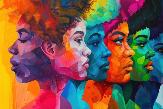 A painting depicting a group of women with diverse hair colors, showcasing the beauty of individuality and uniqueness © Konstiantyn Zapylaie
