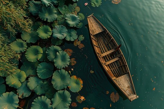 a boat surrounded by lotus  lily pads