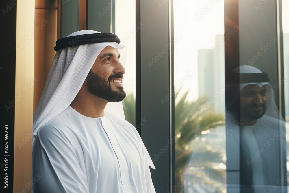 Poster a man with a beard standing in front of a window. suitable for business or lifestyle concepts