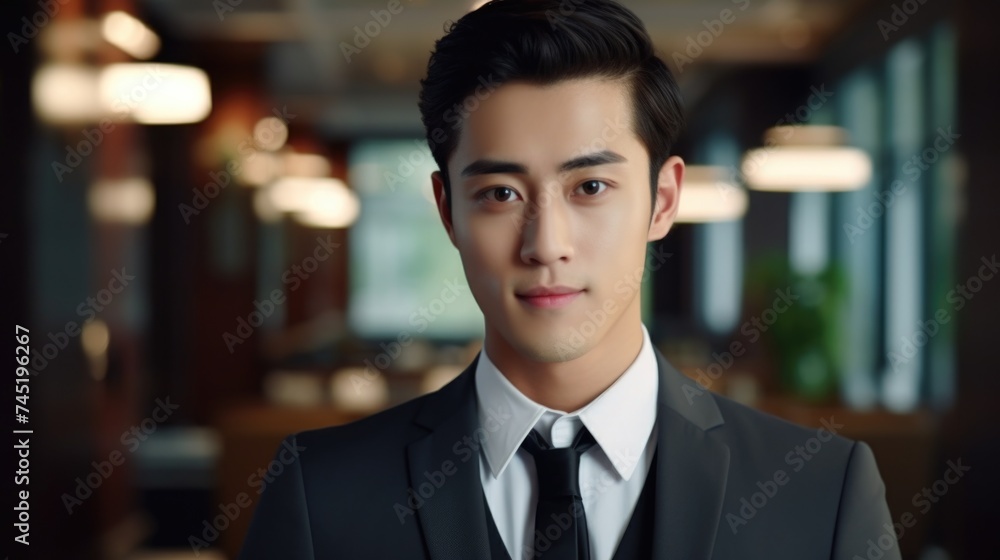 Poster a man in a suit and tie posing for a professional picture. suitable for business and corporate conce