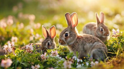 Fototapeta premium A family of rabbits stands on the green field in the morning.