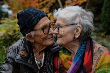 Two LGBTQ elderly women sit closely together, their expressions filled with laughter and camaraderie as they engage in a heartfelt conversation