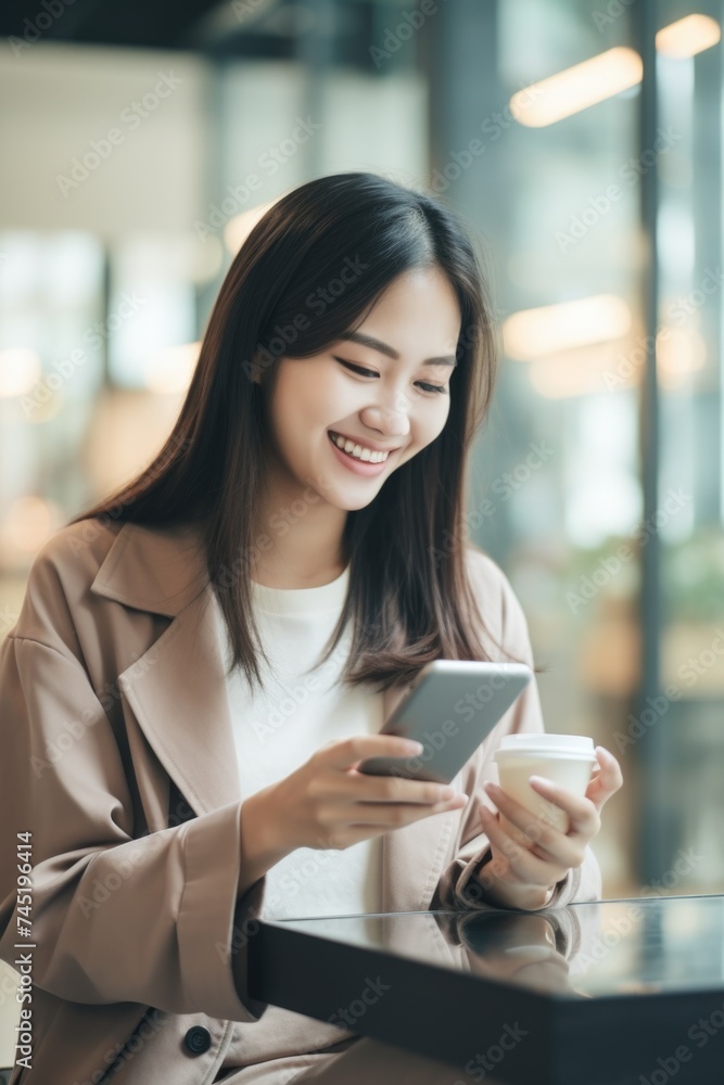 Poster woman sitting at a table using a cell phone, suitable for technology concepts