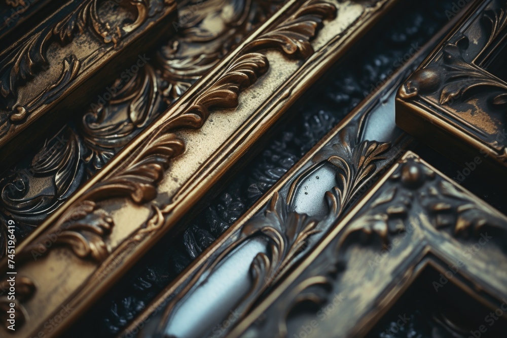 Poster close up of a gold frame on a table. suitable for interior design concepts