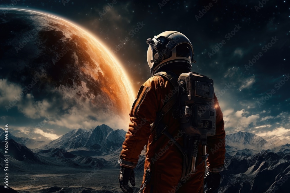 Poster Astronaut in space suit standing in front of a planet, suitable for science fiction or space exploration concepts