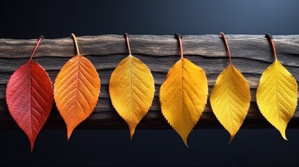 A row of five different colored leaves on a branch. Perfect for nature backgrounds