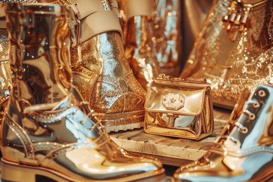 A display of numerous gold shoes and purses arranged artistically, reflecting light and exuding luxury and elegance