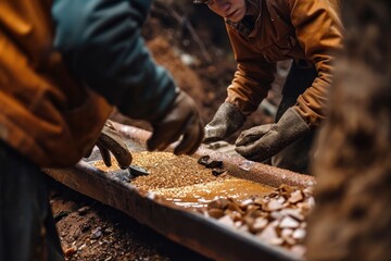 Close-up photo of gold miner workers panning for gold in the mine.