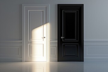 An empty room with two doors - one black, one white. Warm light spills in from a window, casting a soft glow on the floor