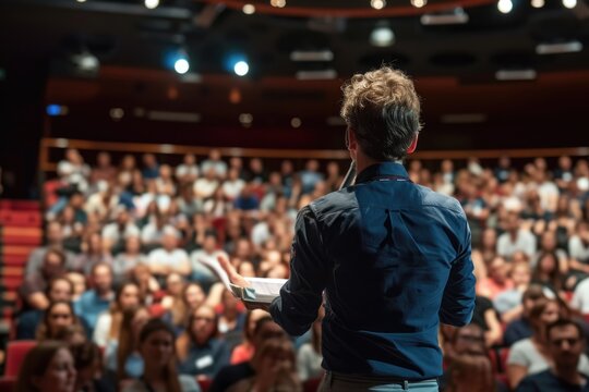 A charismatic man stands confidently before a captivated crowd, delivering an inspiring lecture on a grand stage
