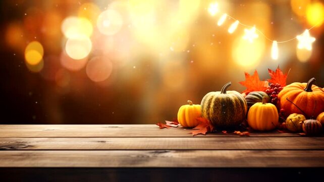 Autumn, hallowen wooden display on table scene, animated virtual repeating seamless 4k